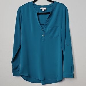 Twine & String Large Feminine Vibrant Teal Women's Roll Tab Sleeve Blouse